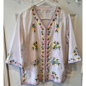 Vintage Boho Blouse Embroidered Flowers 3/4 Sleeve Size 16 White Blue Pink